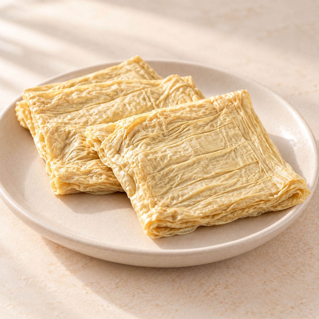 淺色盤中的方形摺疊原味豆包